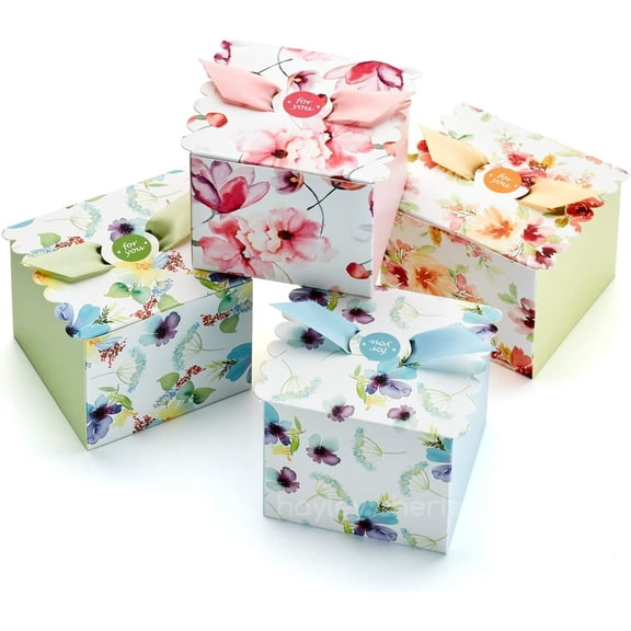 Floral Gift Boxes with Ribbons (20 Pack) 4 x 3.2 Cute Flower Decorative Mini Treat Boxes, Printed Spring Wildflower, Pretty Tea Party Favors, Diwali, Candy, Mithai Indian Sweets, Bulk, Empty
