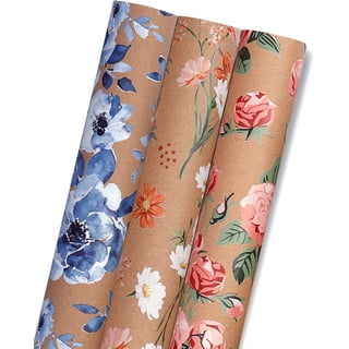 Floral Gift Wrapping Paper, Vintage Kraft Gift Wrap, Flower Design for Wedding, Birthday, Valentines' Day, Baby Shower, Bridal Shower, Party - 3 Rolls, 17 X 120 Inch