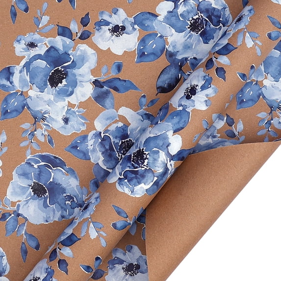 Floral Gift Wrapping Paper, Watercolor Flower Kraft Paper Roll, Mini Roll Wrapping Paper for Women, Spring and Birthday Blue