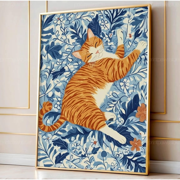 Floral Ginger Cat Print Whimsical Kitten Wall Art Cute Printable Artwork Playful Unframed Paper Print