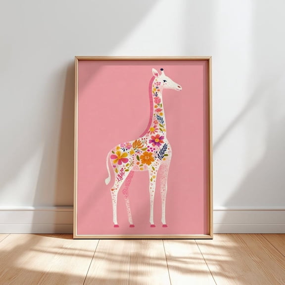 Floral Giraffe Nursery Art: Pink Pastel Jungle Poster, Stretched Canvas Size 16x24