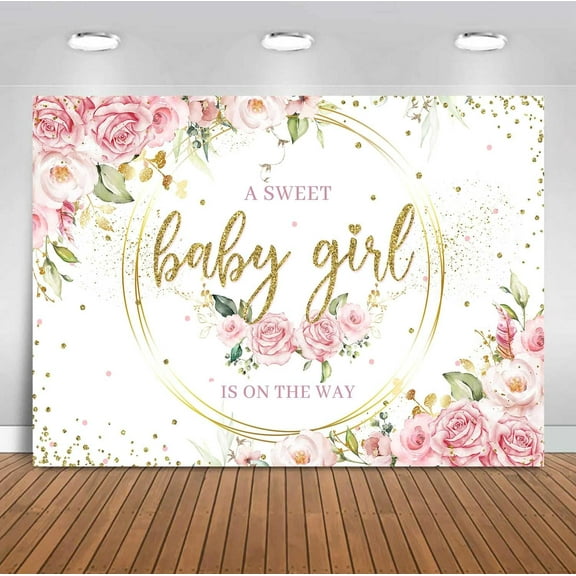 Floral It's a Girl Baby Shower Backdrop A Sweet Baby Girl is On The Way Background Pink Flower Golden Loop Baby Shower Party Cake Table Decorations Banner Photoshoot Props