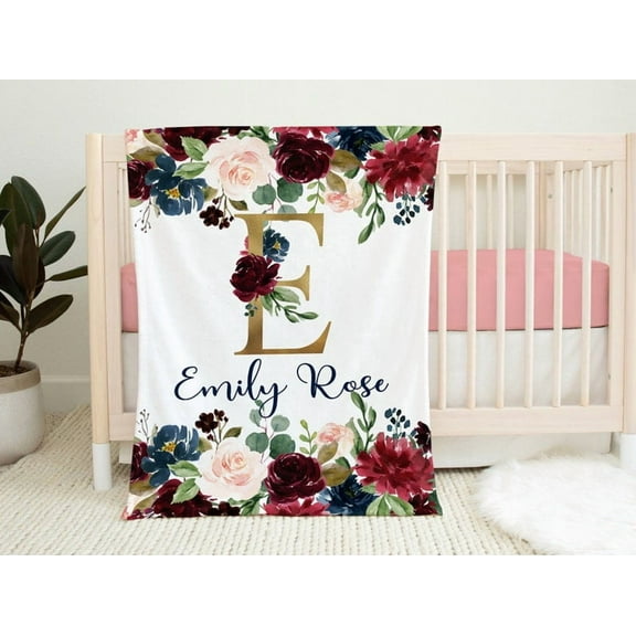 Floral Girl Name Blanket Burgundy Red Blush Pink Gild Navy Blue Maroon Flowers Monogram Crib Bedding Baby Shower Gift, 30x40in Fleece Blanket