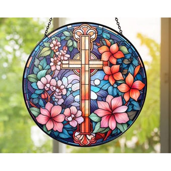 Floral Glass Cross Suncatcher: Christian Window Ornament, 6.3 in