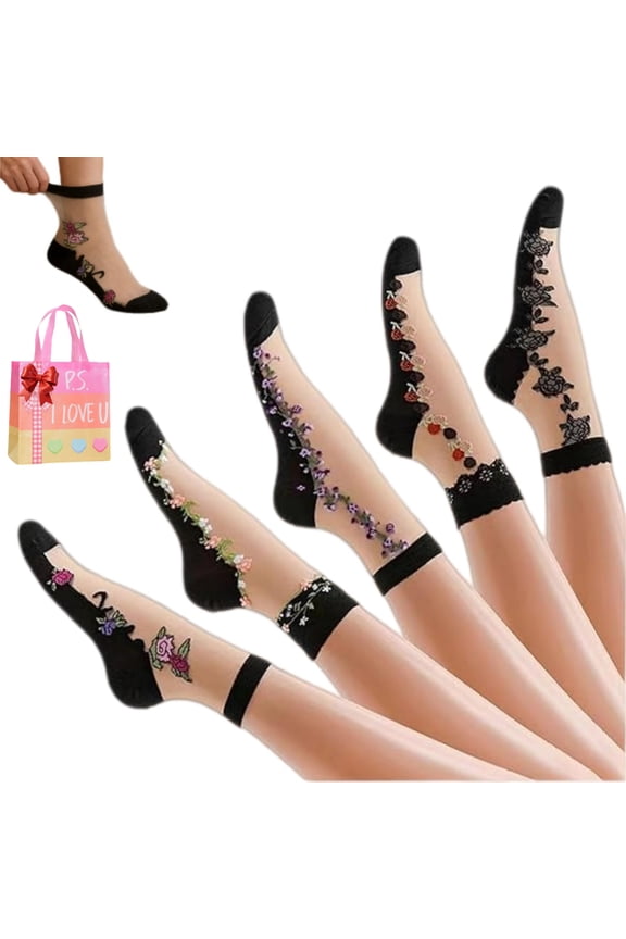 Floral Glass Socks, 5 Pairs Floral Pattern Glass Stockings, Fashion Transparent Soft Breathable Comfortable Ankle Socks