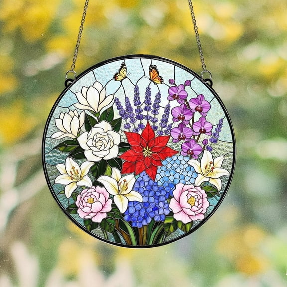 Floral Glass Suncatcher, Hanging Window Sun Catcher Garden Flowers Panel, 3.5 in