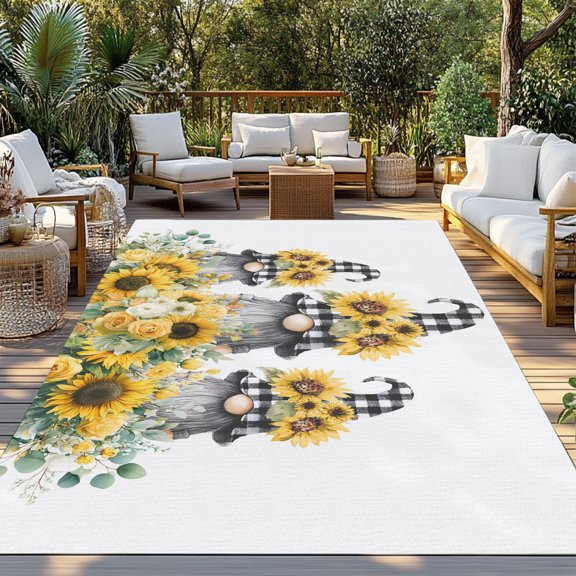 Floral Gnome Indoor Outdoor Rugs 5x7 Ft, Spring Sunflower Rose Eucalyptus Leaf Outdoor Patio Rugs Mat Washable Outside Area Rugs Carpet for Porch Deck RV Camping Pool Balcony Backyard