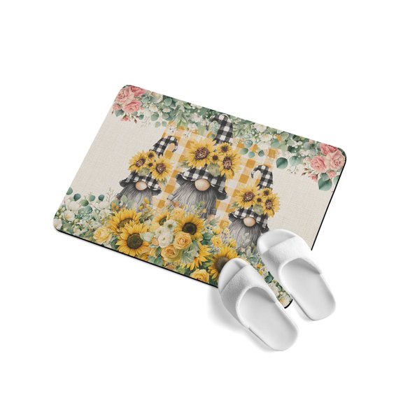 Floral Gnome Soft Diatomaceous Earth Mat, Spring Floral Leaf Yellow Plaid Linen Texture Absorbent Bath Mat Non Slip Rubber Backed Quick Dry Doormat Fit Under Door for Bathroom Kitchen 24"x36"