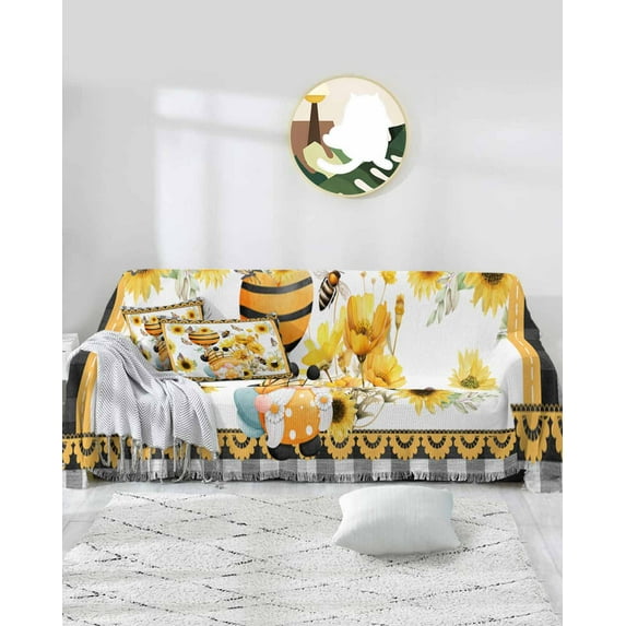 Floral Gnomes Sofa Covers for 3 Cushion Couch,Washable Sectional & L Shape Couch Covers for Dog/Cat/Kid,White Summer Bee Spring Eucalyptus Checkered Non Slip Sofa Slipcover Futon Cover 71x150