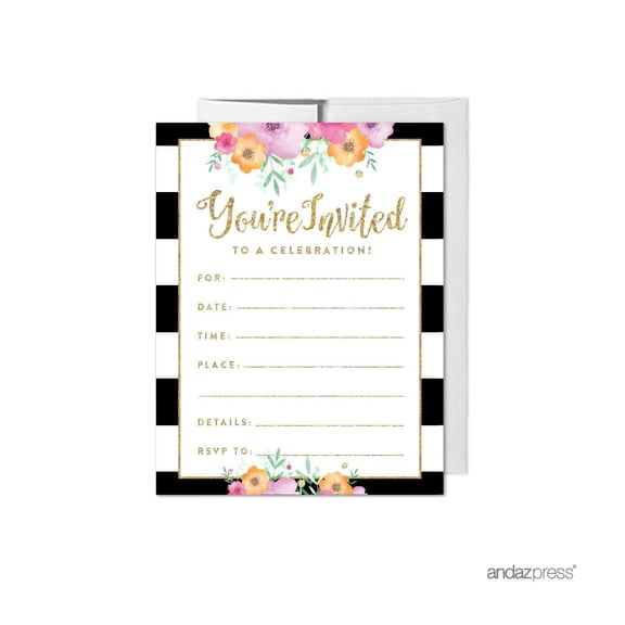 Koyal Wholesale Floral Gold Glitter Bridal Shower Paper Invitations, Blank Cards with Envelopes, 20-Pack