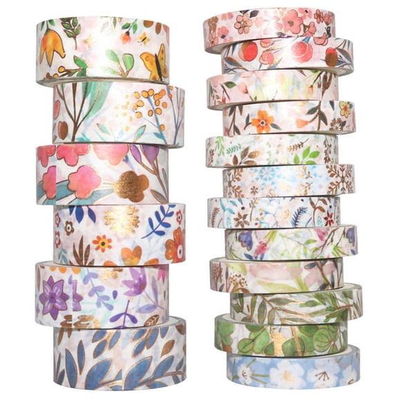 Floral Gold Washi Tape Set VSCO Foil Masking Tape Decorative for Arts, DIY Crafts, Journal Supplies, Planners, Scrapbook, Card/Gift Wrapping -8/15mm- (Blooming 18 Rolls)