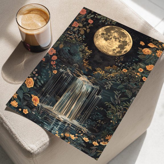 Floral Golden Moon with Waterfall Watering Plants Art Poster Vintage Gothic Full Moon and Flowers Eclipse Botanical Print Unframed Paper Print