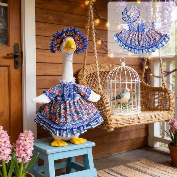 Floral Goose Costume Set - Blue Checkered Lolita Dress with Lace Trim & Matching Bonnet, Stuffed Animal & Goose Plush Toy