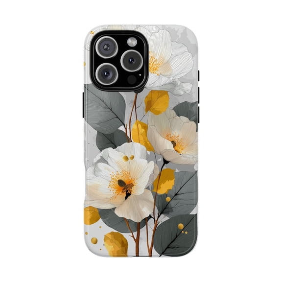Floral Grace White Petals Gold Gray Elegant Flowers Illustration Phone Case with iPhone 11 to 17 Pro Max