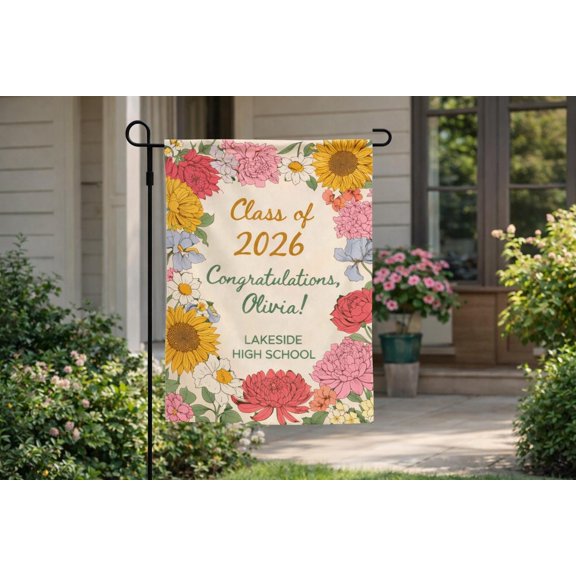 Floral Graduation Garden Flag Class of 2026, Personalized Name Yard Flag for Senior Decor