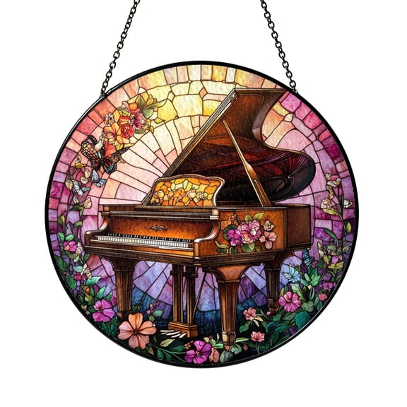 Floral Grand Piano Acrylic Style Suncatcher, Stained Glass Inspired Music Window Hanging Decor with Butterfly Garden Design for Elegant Home Gift