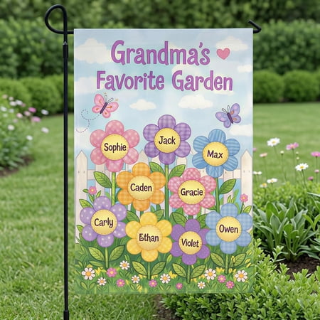Floral Grandma Garden Flag Custom Kids Names, Personalized Yard Banner Gift for Nana Mimi Mother’s Day