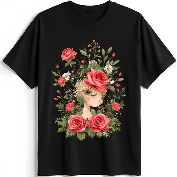 Floral Graphic Black T-Shirt for Women Whimsical Design with Beauty & Pink Roses