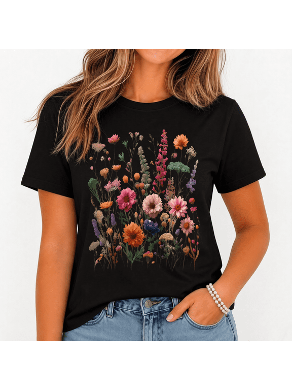 Floral Graphic T-Shirt Women Boho Fairycore Wildflower Summer Tee-100% Cotton