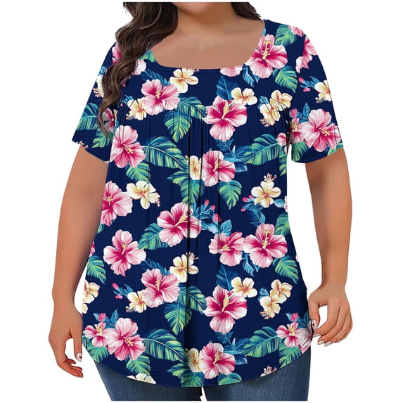 Floral Graphic Tees Womens Plus Size Tops Square Neck Pleated Tunic Tshirts Casual Going Out Travel Outfits Navy, 3XL