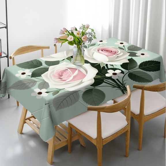 Floral Green Grey Rectangular Tablecloth, Festive Table Setting - Machine-Made Tablecloths for dining table, Cafe, dinner,picnic, wedding, party