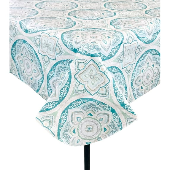 Floral Green And White Medallion Flannel Back Vinyl Tablecloth: Colorful Teal Mint Cream Summer Fun Tablecloth for Easy Clean for Cookout Picnics Home Kitchen Office Business 60" mantales
