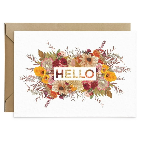 Floral Greeting Card "Hello" Design with Colorful Flowers Blank Inside, Envelope Included Perfect for Any Occasion