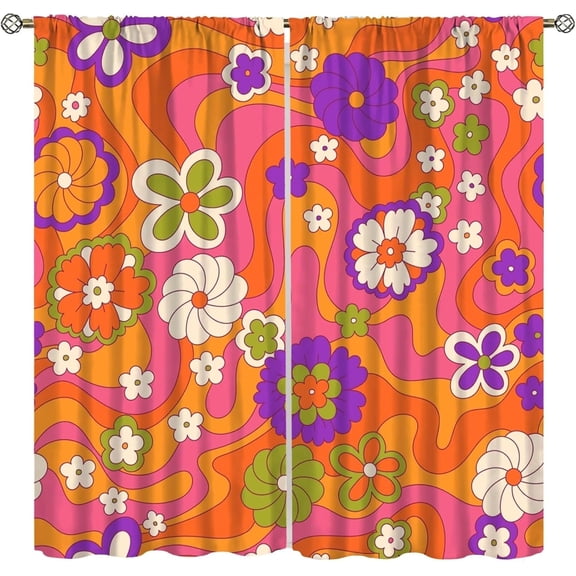 Floral Groovy Curtains,Retro Country 1970s 1960s Hippie Boho Flower Modern Art Window Drapes for Kitchen Bedroom Home Window Drapes 26"W x 45"L (Pack of 2)