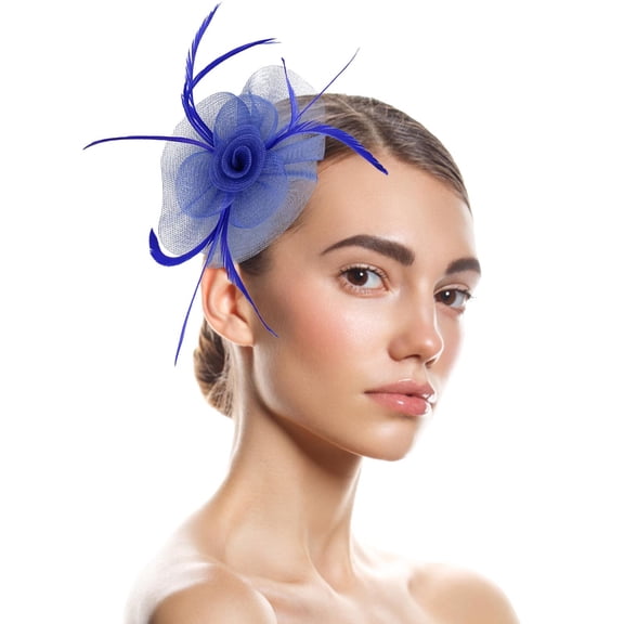 Hontri Floral Hair Clip Women Tea Party Fascinator Feather Headband Church Event Hairpin ( X09-Royal Blue 1), Hats for Women Fascinators Womens Pillbox Flower
