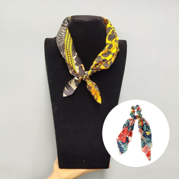 Floral Hair Scarf Scrunchie Ornament Long Headband Ties , Wear Around Your Hair Bun, Tie on Your Ponytail, Handbag or Backpack - B B