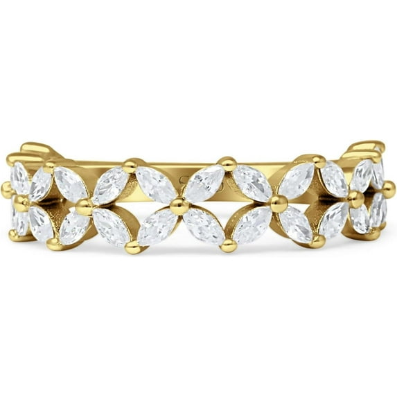 Floral Half Eternity Marquise Band Cubic Zirconia Yellow Tone Ring 925 Sterling Silver, Size 10