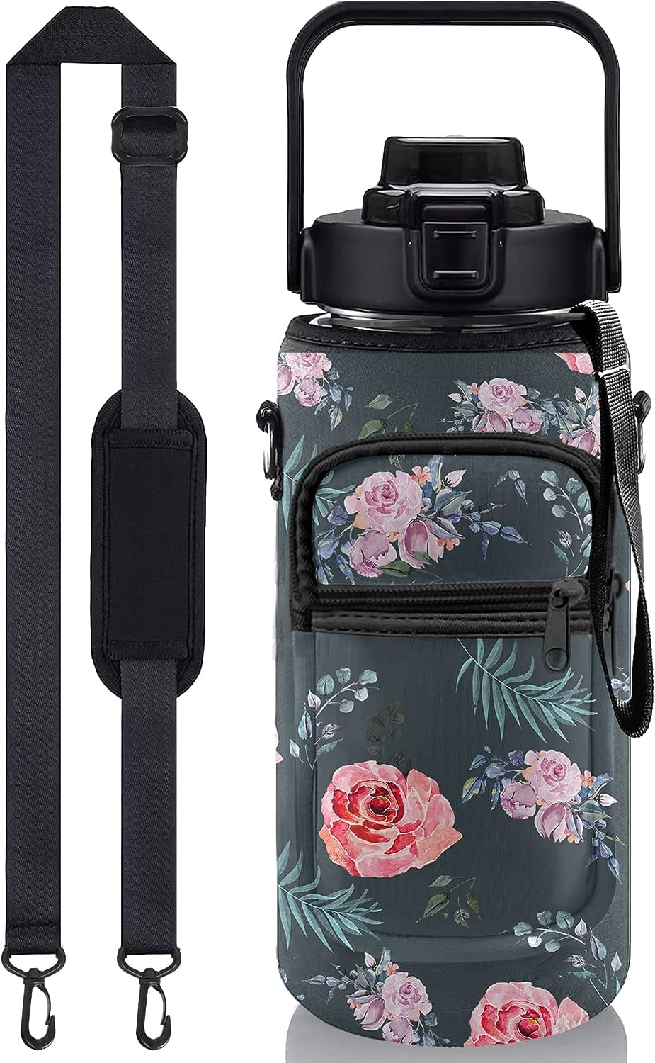 Floral Half Gallon Water Bottle with Sleeve 1/2 Gallon Water Bottle 64 Oz Water Bottle with Time Marker, Motivational Water Bottle Half Gallon Water Bottle with Straw for Women Gym Yoga Pregnance