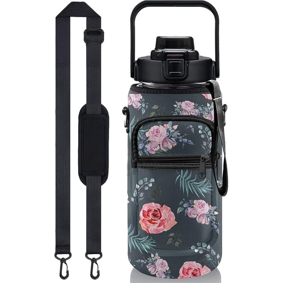Floral Half Gallon Water Bottle with Sleeve 1/2 Gallon Water Bottle 64 Oz Water Bottle with Time Marker, Motivational Water Bottle Half Gallon Water Bottle with Straw for Women Gym Yoga Pregnance