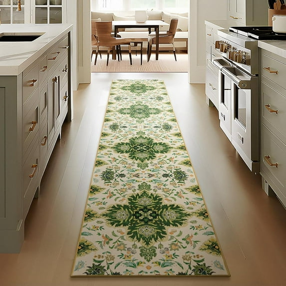 Floral Hallway Rug, Ultra-Thin Boho Tropical Area Rug, Vintage Long Rugs for Entryway, Kitchen, Room Decor, Home Decor Moroccan Low-Pile Rug, 2 x 10 ft, Light Green, 1 Pack