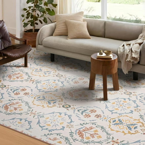 Floral Hallway Rug, Ultra-Thin Boho Tropical Area Rug, Vintage Long Rugs for Entryway, Kitchen, Room Decor, Home Decor Moroccan Low-Pile Rug, 5 x 7 ft, Beige, 1 Pack