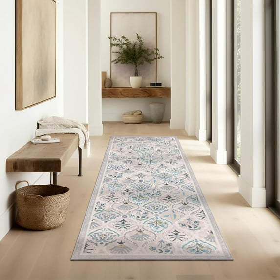 Floral Hallway Rug, Ultra-Thin Boho Tropical Area Rug, Vintage Long Rugs for Entryway, Kitchen, Room Decor, Home Decor Moroccan Low-Pile Rug, 2 x 6 ft, Dark Blue, 1 Pack