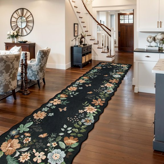 Floral Hallway Runner Rug Non Slip, 2'6''x10' Washable Runner Ultra-Thin Soft Kitchen Runners for Hallways, Stain Resistan Carpet for Entryway Bathroom(Black/Grey)