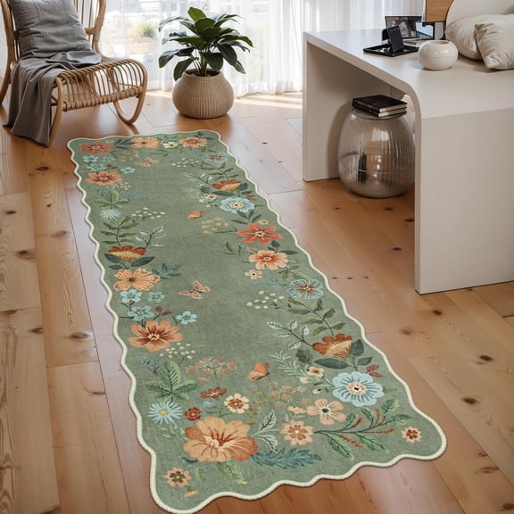 Floral Hallway Runner Rug Ultra-Thin Soft Non-Slip Stain Resistant Boho Low-Pile Carpet for Kitchen Laundry Bathroom Bedroom 2 Feet by 6 Feet Green
