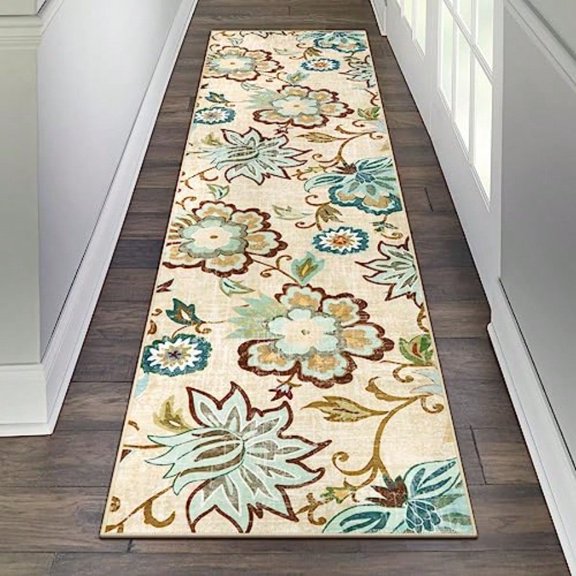 Floral Hallway Washable Runner Rug Non Slip Kitchen Carpet Runners For Hallway 8ft Ultra Thin Vintage Plant Carpet Rugs With Low Pile For Kitchen Bathroom Cream 2'x8'