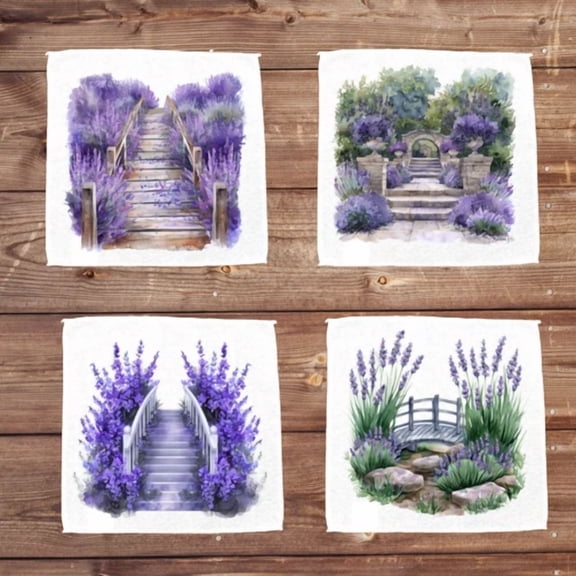 Floral Hand Cloths 11X11 Microfiber Towels Lavender Garden Kitchen Dishcloth 4Pk