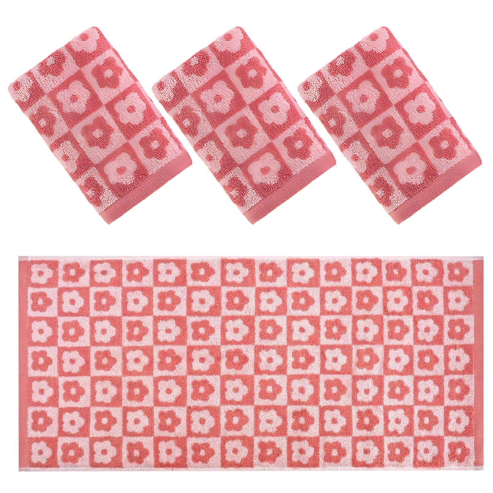 Floral Hand Towels for Bathroom, Vintage Checkered Pink Set, 4 Pieces, Absorbent Cotton, Elegant Design, Ideal for Quick Drying, Includes Vacuum Storage Bag