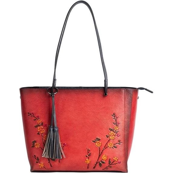 Floral Handbag for Women, Vintage Ethnic Genuine Leather Tote Bag Ladies Large Capacity Hobo Shoulder Bags