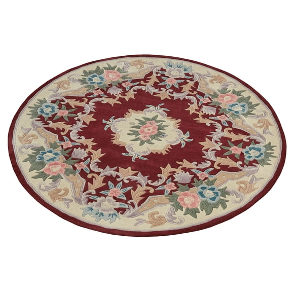 Floral Handcarved Hand-tufted Thick Wool Round Area Rug, 5 ft 9 in Circle, Burgundy Red