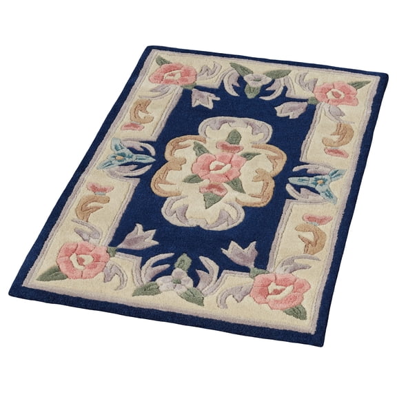 Floral Handcarved Hand-tufted Wool Accent Rug, 1 ft 10 in x 2 ft 10 in, Midnight Dark Blue