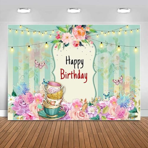 Floral Happy Birthday Backdrop Tea Party Birthday Decoration Butterfly ...
