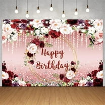Floral Happy Birthday Backdrop for Women Burgundy Flowers Bokeh Watercolor Flowers Birthday Photography Background for 40th 50th 60th Birthday Party Proposal Decoration Supplies