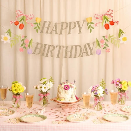 Floral Happy Birthday Banner | Kids Party, Garden Theme, Tea Party Decorations, Tulips, Flower Garland, Pink, Farmers Market