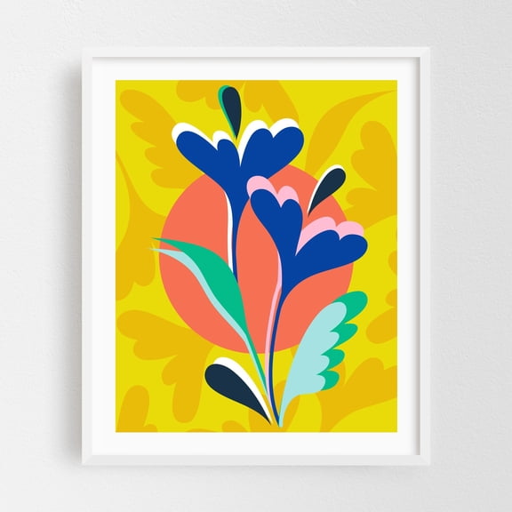 Floral Harmony - India Illustration Floral Abstract Modern Art Geometric Pop Art Botanical Pattern White Framed Wall Art Print 18 x 24 inches