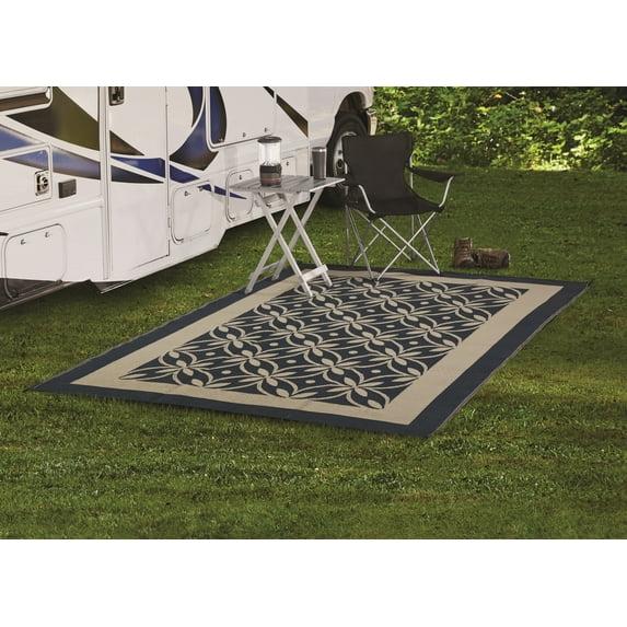 Floral Harmony Reversible RV & Patio Mat 9' x 12' – Blue & Tan Design – Ideal for Outdoor Living