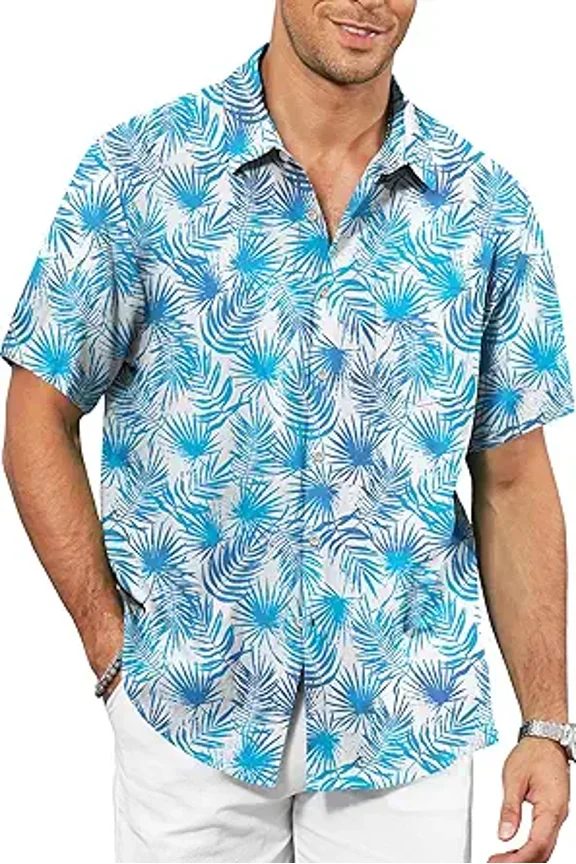 Floral Hawaiian Shirt for Men, Blue Hibiscus and Palm Leaf Print, Vacation Style